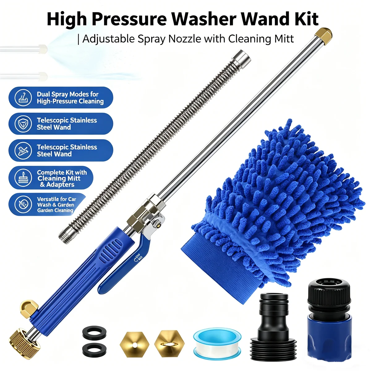 

Hydro Jet High Pressure Power Washer Wand Garden Hose Nozzle Flexible Extension 2 Nozzles Car Wash Kit Window Gutter Cleaning
