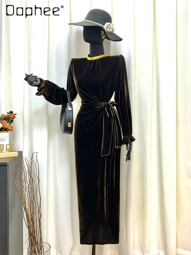 

Элегантное бархатное платье премиум-класса с вышивкой, осенне-зимнее, с круглым вырезом, завышенной талией, облегающее, с длинными рукавами, средней длины, для женщин