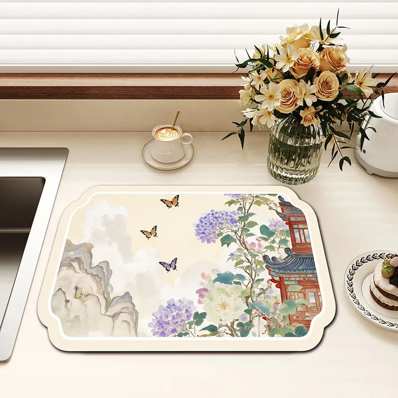 VIKAMA chinese landscape bird flower kitchen drying mat pavilion sunrise oriental art stove top countertop non slip pad Home