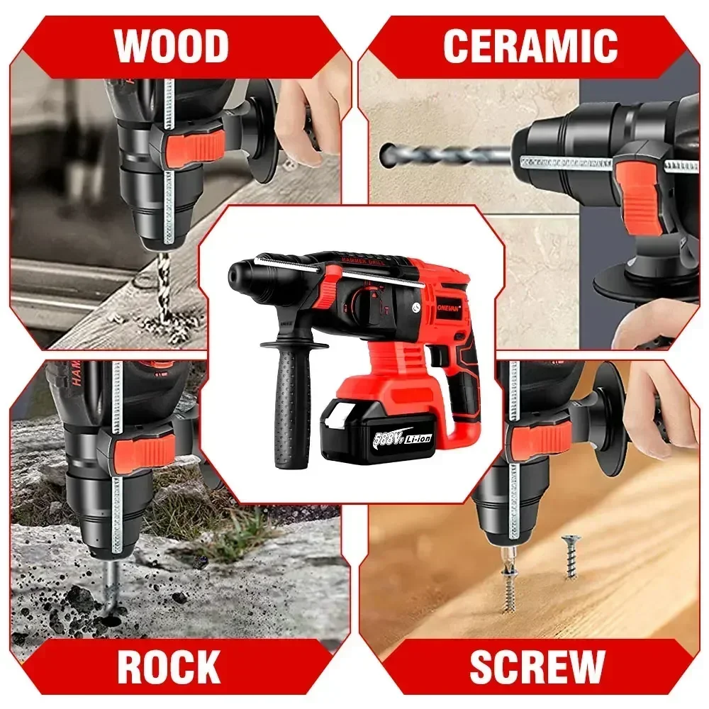 Imagem -05 - Onevan Brushless Cordless Rotary Hammer Drill Martelo Elétrico Recarregável Broca de Impacto para Bateria Makita 588vf 2000w 10600ipm