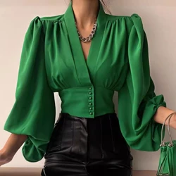 Blouse Plus Size Women Clothing V-neck Puff Sleeve Shirts Elegant Tops Printed Ladies Long Sleeve Button Overshirt Spring Summer