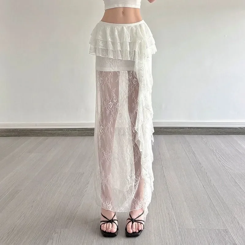White Ruffles Lace Long Skirt Female Two Piece Cake Dress Tierred Elegant Sheer Sweet Summer Women A Line Skirts Y2K Sexy