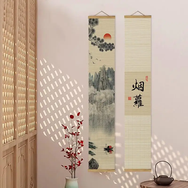 Home Decor Zen Bamboo Scroll Pair Mountain Pagoda Painting Calm Serene Artwork Slow Living Intentional Living Tatami Room