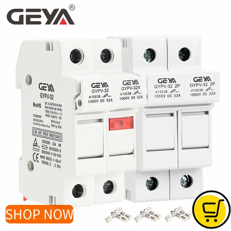 GEYA GYPV-32 1P 2P Parallel DC Fuse Holder 10*38mm High Voltage Solar PV 1000V Fuse Link Base 10A 15A 20A 25A 30A