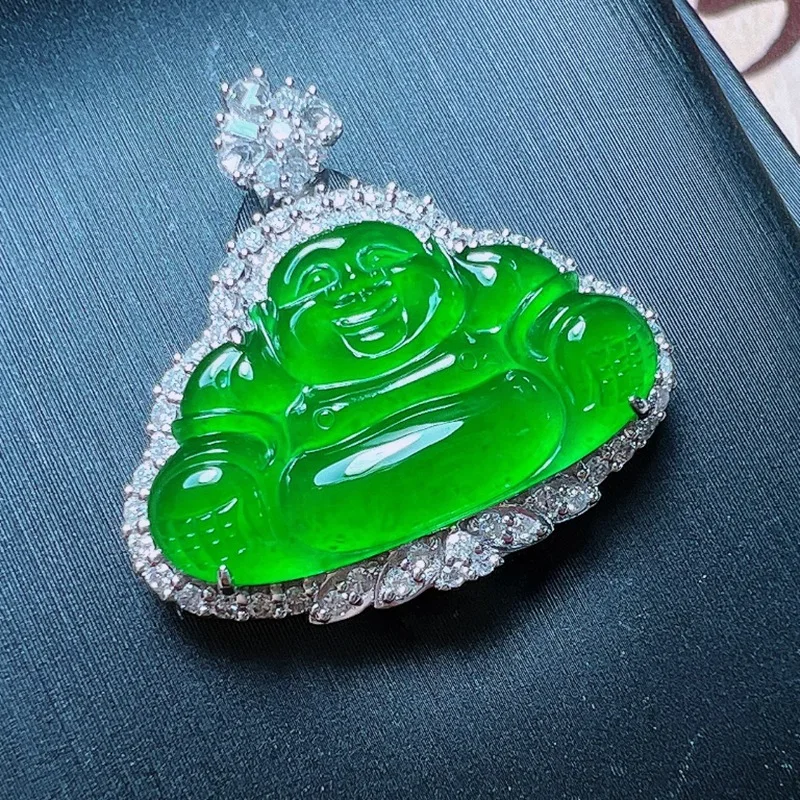 Natural Full Green Ice-like Jadeite Jade Buddha Pendant Myanmar 18K Gold Inlaid