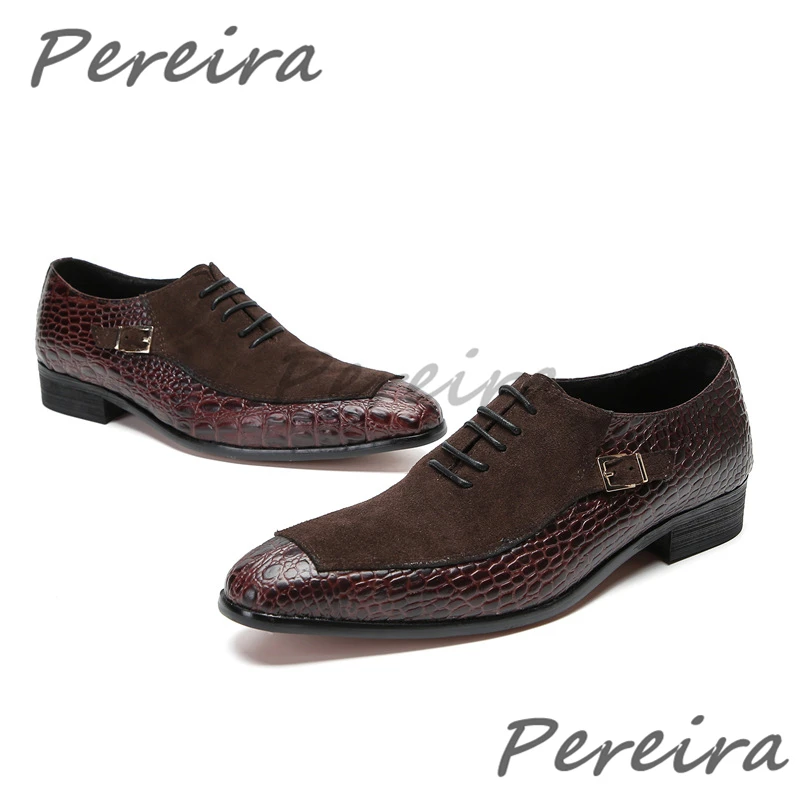 

Retro Brown Men's Oxfords British Metal Buckle Pointy Toe Lace-Up Patchwork Casual Business Shoes Fashion Party Dress Shoes