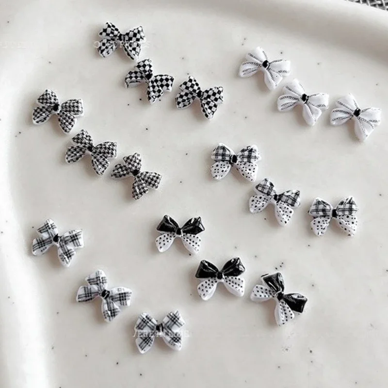 

Dressy Black White Checkered 3D Stripe Bowknot Ribbon French Bow Tie Pearl Nail Art Decorations Charms DIY Manicure Accessories