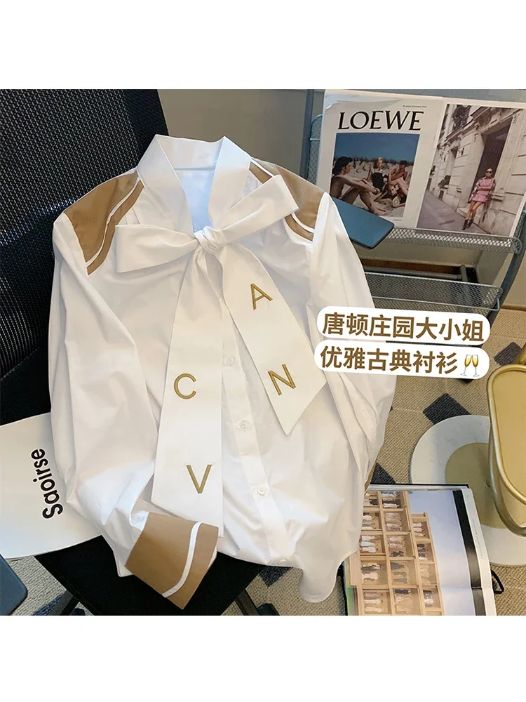 Fashion England Style Long Sleeve Blouses For Women 2024 Bow Letter Tee White Single Breasted V-neck Loose Boyfriend Shirt