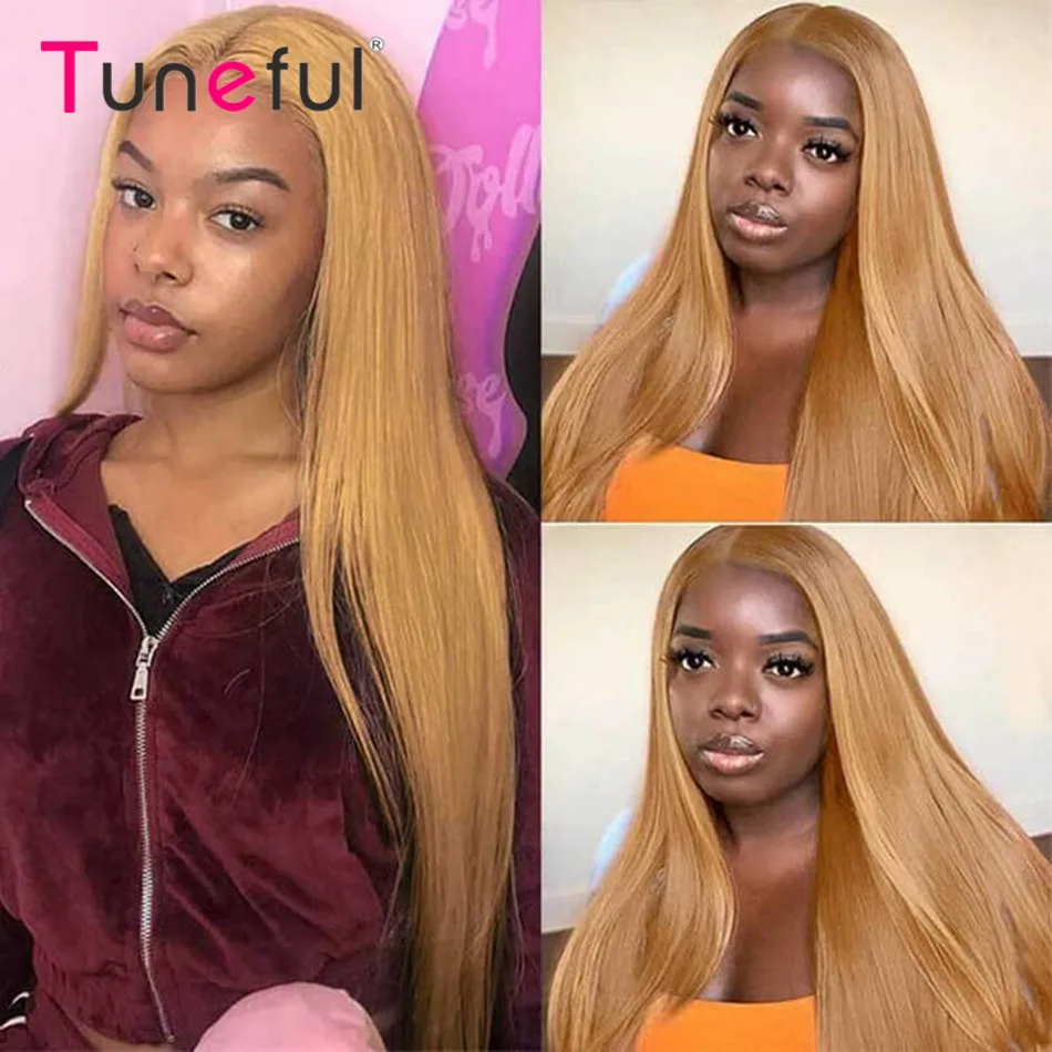 27# Honey Blonde Colored Human Hair Lace Frontal Wigs Bone Straight 13x4 HD  Pre Plucked Transparent Lace Front Human Hair Wigs