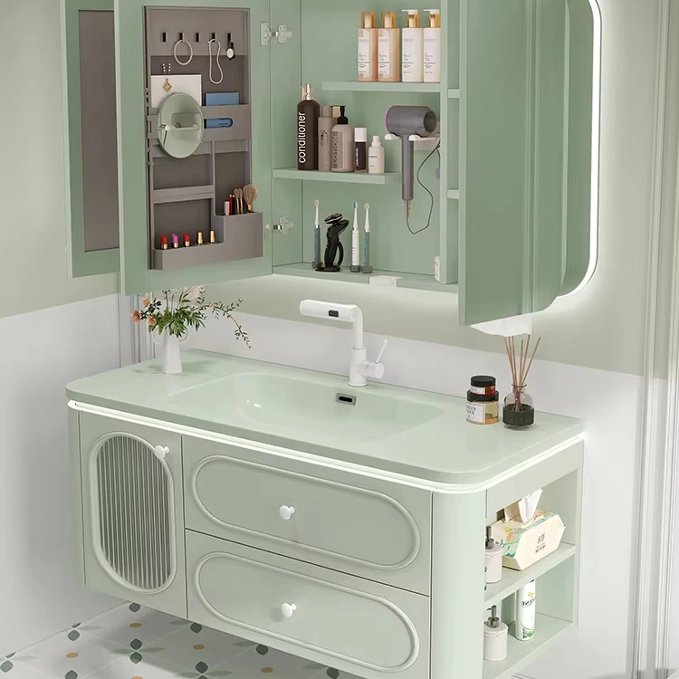 

ab-Modern Wood Bathroom Cabinet Avocado Green Lacquered Door Panel Cream Wind Wash Table Lamp Integrated Ceramic Basin LED！