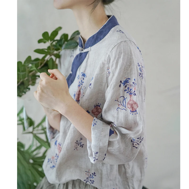 Shirt Women's White Top Stand Collar Pullover Vintage Buckle Cotton Linen Plant Print Short Diagonal Loose Version ChineseCasual