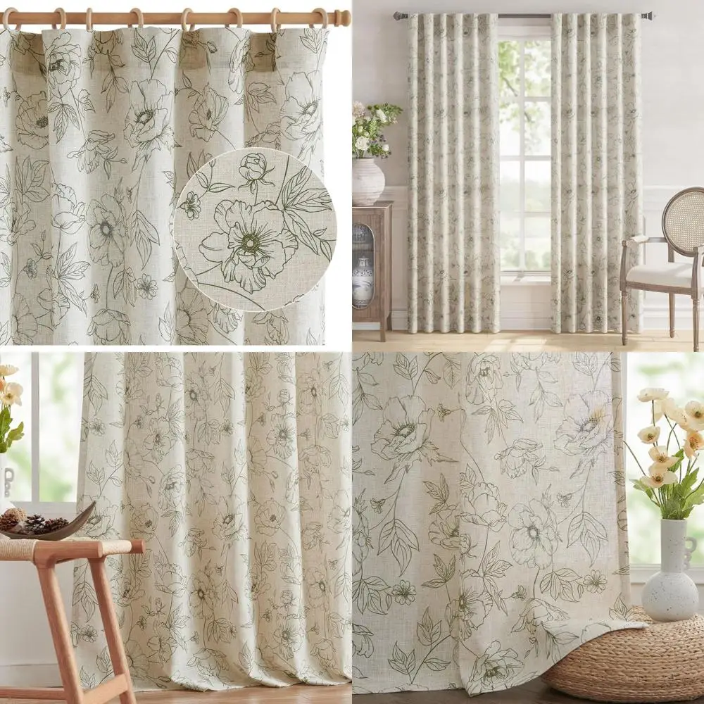 

Green Floral 84 Linen Curtains with Rod Pocket and Back Tab for Living Room and Bedroom, Set of 2 Panels