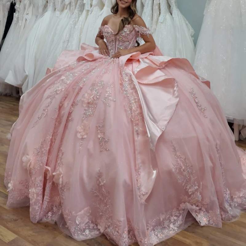 Pink Glitter Quinceanera Dresses Off Shoulder Ball Gown Sweet 16 Dress Applique Flower Beads Bow Tull Party Birthday Vestidos 15