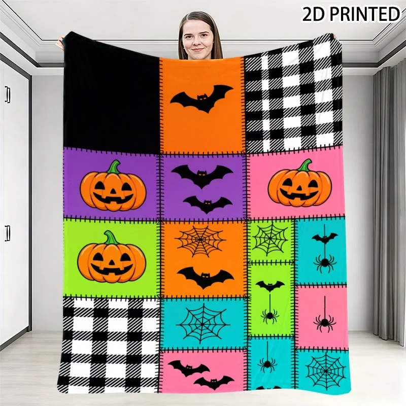 Halloween Themed Patchwork Throw Blanket, Playful Spooky Design with Jack-O'-Lanterns, Bats, Spiders & Buffalo Check Patterns, M