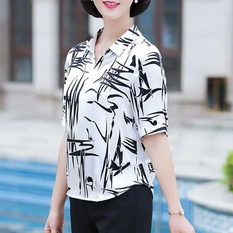 2023 Casual Turn-down Collar Fashion Printed Shirt Summer Loose Short Sleeve Women\'s Clothing All-match Commute Spliced Blouse