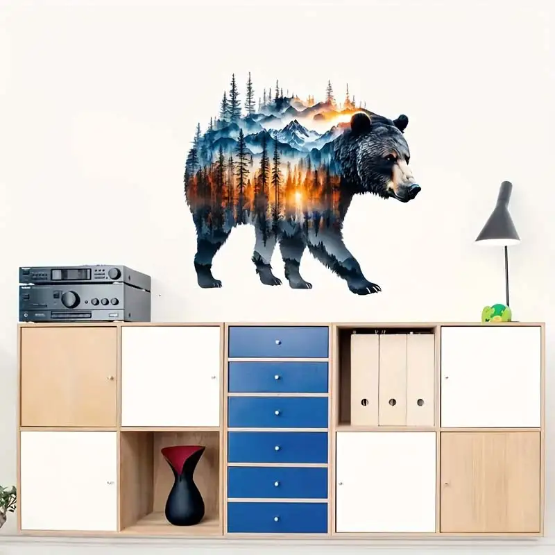 Bear and Forest Scene Wall Stickers Bedroom Boy Room Background Decoration Mural Animal Home Decor Self-adhesive Wallpaper M1118