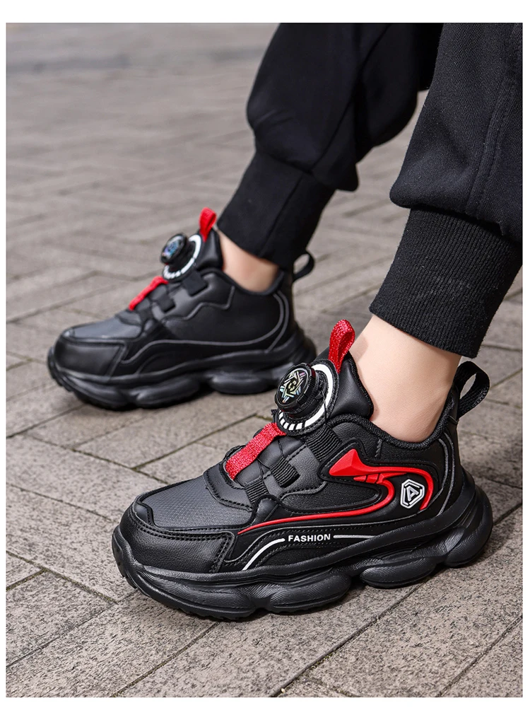 Kinder Leder Freizeitschuhe mit Drehknopf Jungen Laufschuhe Rutschfest Stoßdämpfend Kinder Outdoor Sport Wanderschuhe – Detail 12