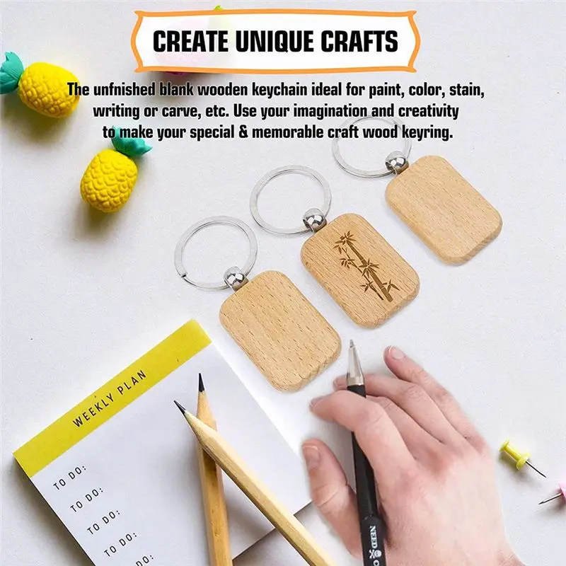 A58Z 100 Pcs Wooden Blanks Wood Key Chain Blanks Unfinished Wooden Key Ring Key Tag for DIY Crafts(Oval+Rectangle)