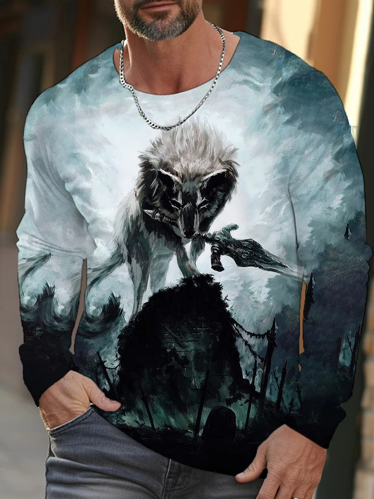 

Men's Long-Sleeved T-Shirt 3D Wolf Print Street Style Round Neck Men's Warm Top for Autumn and Spring Daily Casual Men's T-Shirt