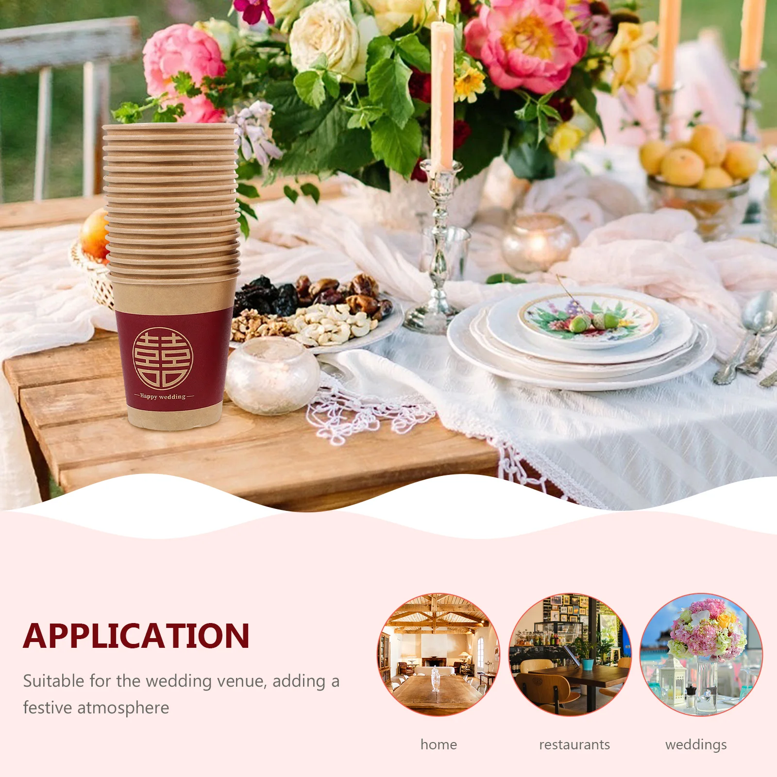 

50pcs Disposable Wedding Banquet Paper Cups Red Double Happiness Character Celebration Party Juice Water Beverage Teacups