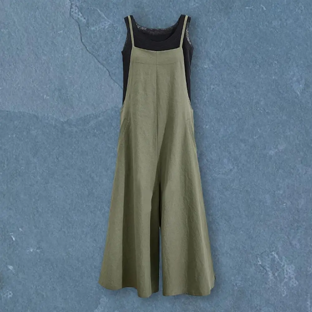 بذلة صيفية واسعة الساق رومبير صيفي بلون سادة فضفاض كاجوال بسيط بدون ظهر كبير الحجم برقبة مربعة وحزام كتف قابل للتعديل #4