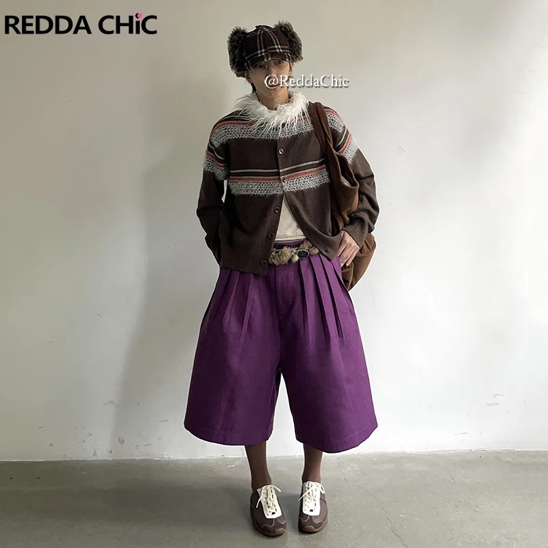 

REDDACHiC Men Striped Tweed Pleated Wide Leg Pants Oversize Capri Shorts Solid Lounge High Rise Baggy Jorts Fall Vintage Clothes