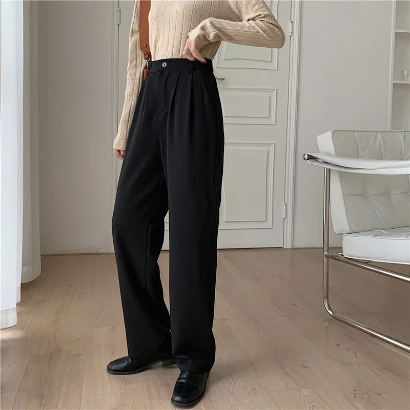 

Прямые повседневные брюки с высокой талией, женские осенние официальные брюки, драпированные широкие длинные брюки, модная рабочая одежда