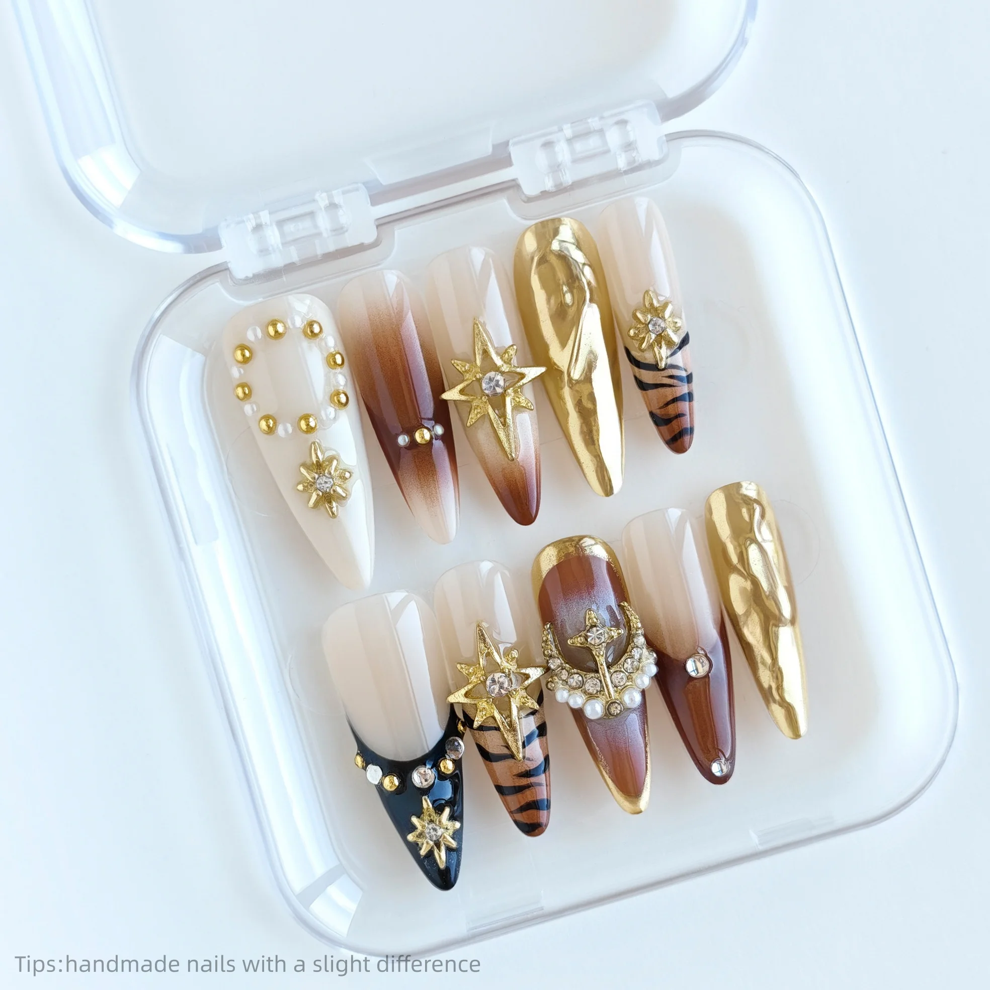 

10 шт., ручная работа, телесный, коричневый, золотой, звезда, жемчуг, накладные ногти, длинные, с полным покрытием, носимые, многоразовые, роскошные, модные, накладные ногти 2026