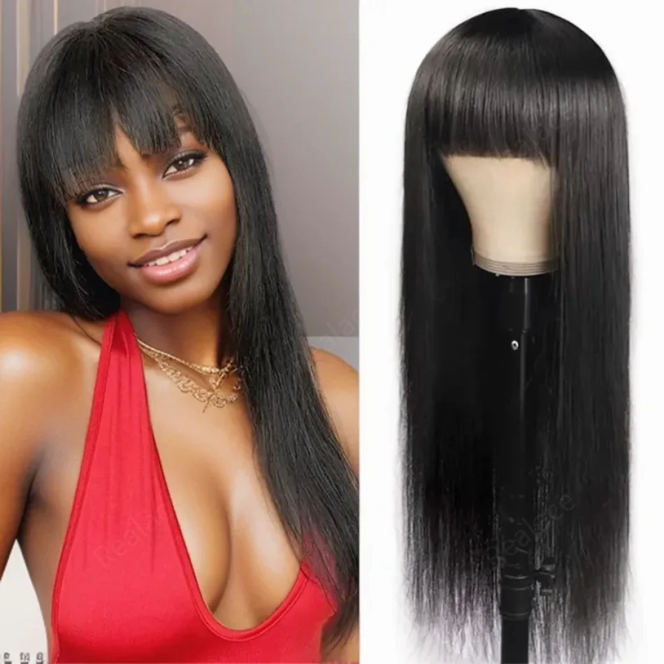 

100% Natural Brazilian With Bangs Wig 30 Inch Human Hair Wig For Women Choice Full Bone Straight Bang Fringe Cheap on Sale Wigs