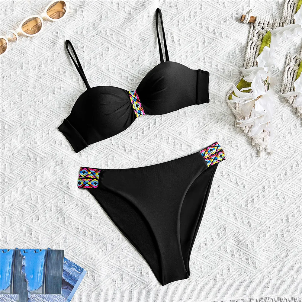 

Сексуальное черное бикини с пуш-ап, красочная тканая лента, купальник с завязками сзади, сексуальный купальник, женский купальный костюм 2025 года, комплекты бикини Biquinis