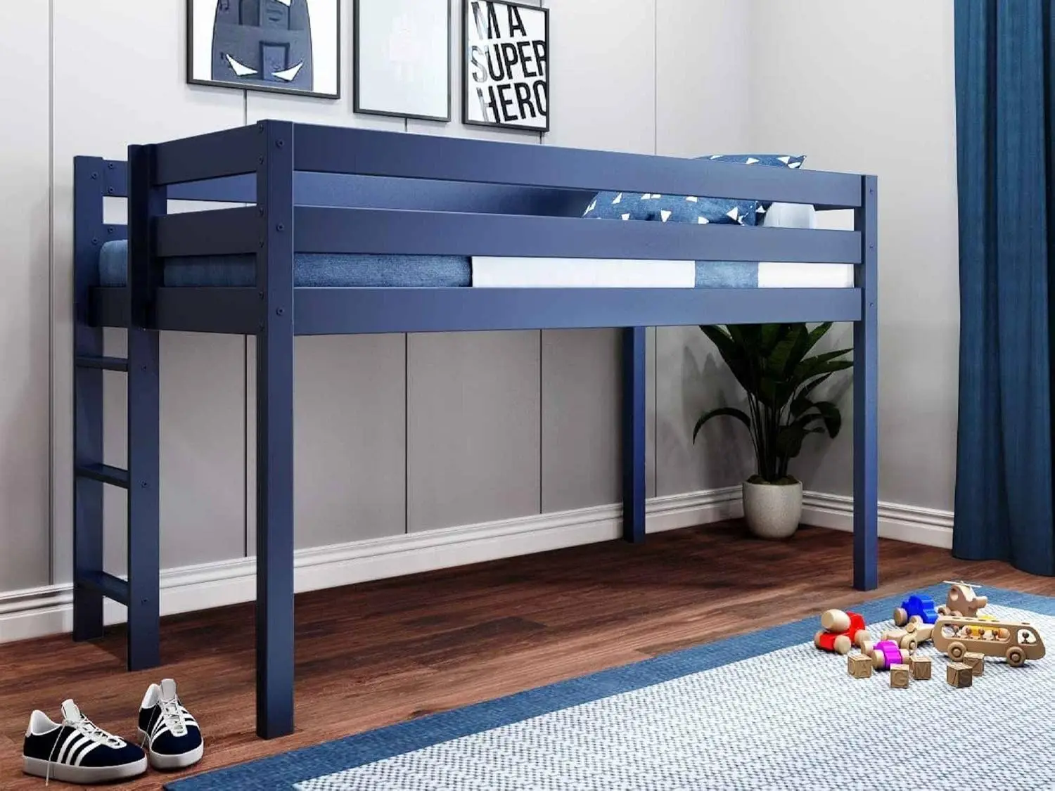 Contemporary Low Loft Twin Bed with End Ladder, Blue