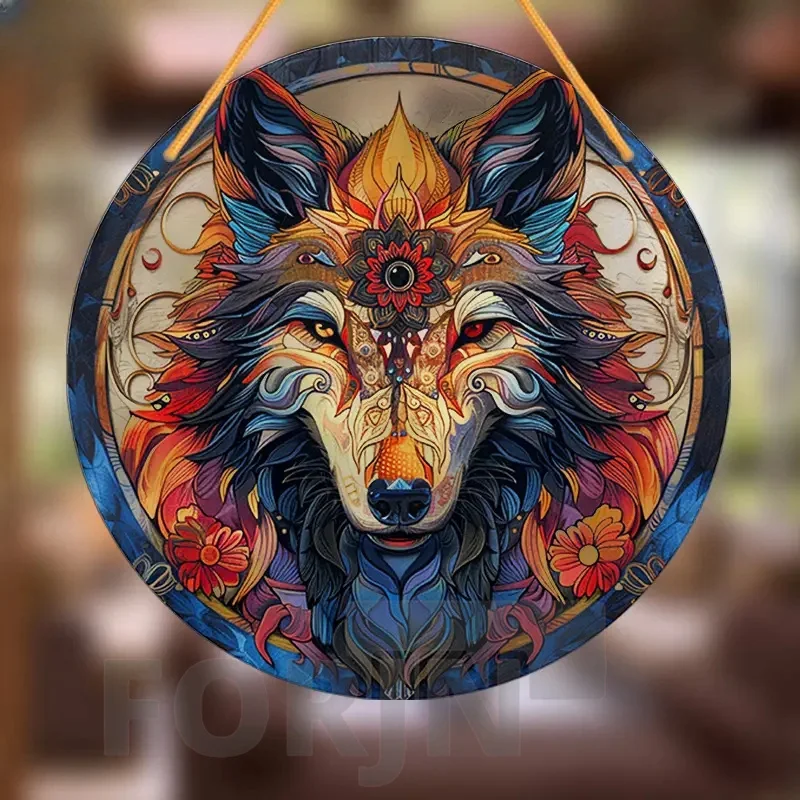 Wolf Suncatcher,round Acrylic Translucent Stained Window Hanging, Holiday Gift,Office,Garden,Club,Man Cave,Spooky Home Decor