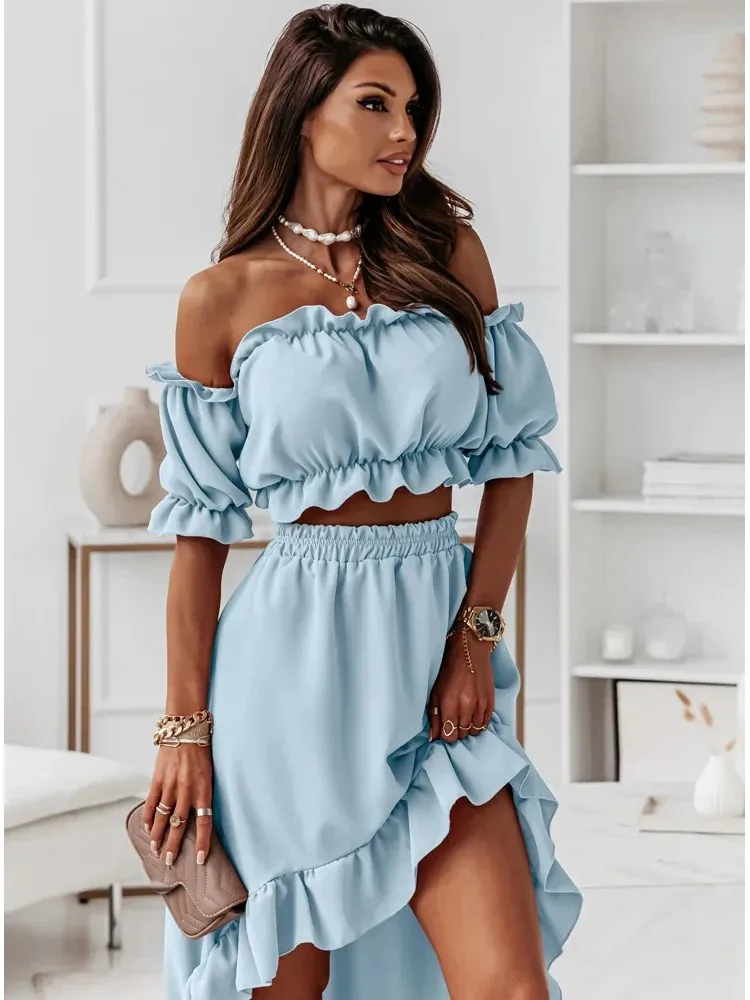 Two Piece Elegant Party Skirt Sets For Women Puff Short Sleeves Hollow Out Waist Dress Solid Irregular Hem Flowy Long Dresses