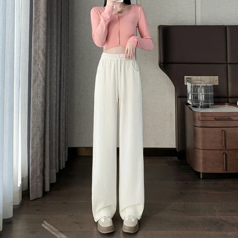 Women's Spring Autumn Casual Straight-Leg White Banana Pants New 2024 Style Lightweight Thin Cut Sweatpants Wide Leg