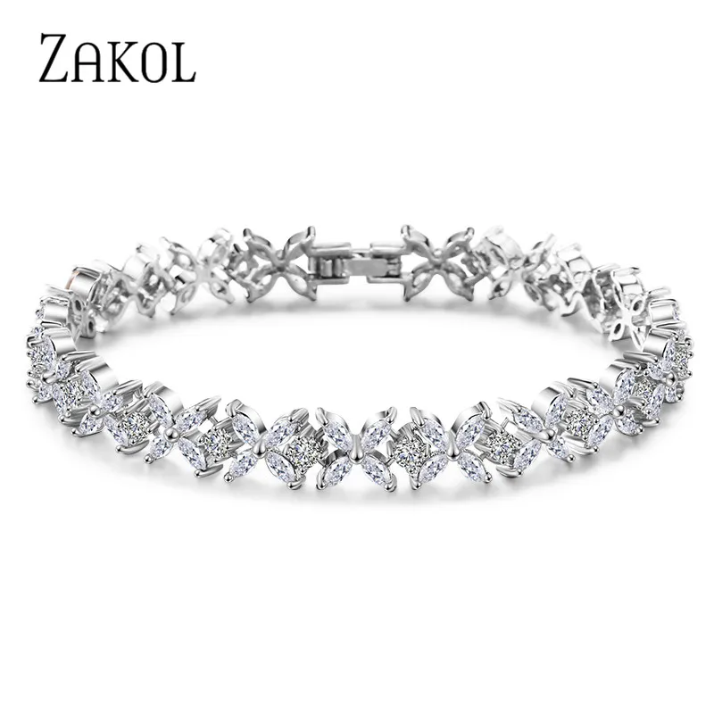 ZAKOL Classic White Marquise Cut Cubic Zircon Chain & Link Bracelets Bangles Flower Bridal Wedding Jewelry For Women BP094