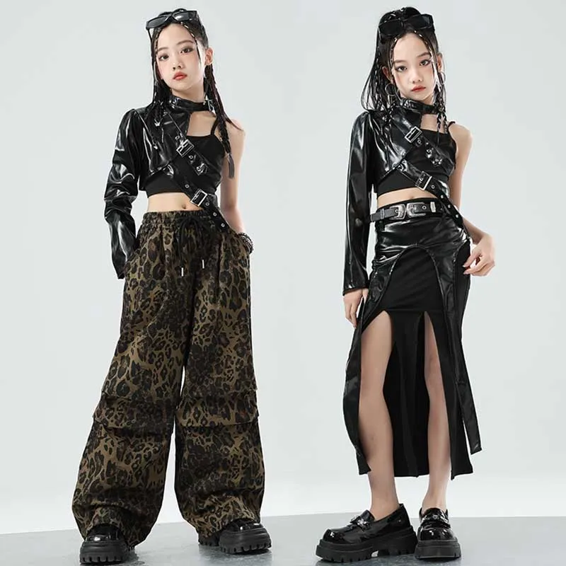 Kind Jazz Dance Kleidung Mädchen Kpop Bühne Outfit Schwarz Einarm Jacke Hip Hop Leopard Hosen Modenschau Kinder Kleidung 1701