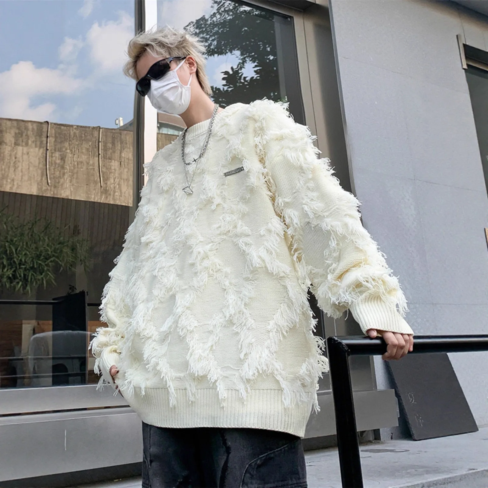 الأمريكية الرجعية شرابة تريكو الرجال الخريف الشتاء Thiened فضفاض Faion جولة Ne البلوز ألياف البوليستر الدافئة لباس غير رسمي