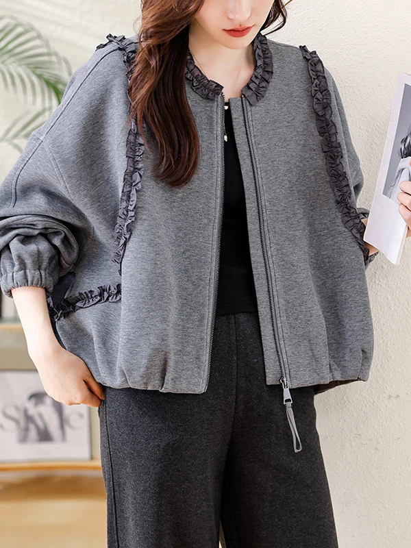 Authentic Fashion Wood Grain  Patchwork Jacket Women's Loose Top New Style Autumn Wear Cotton Polyester Blend