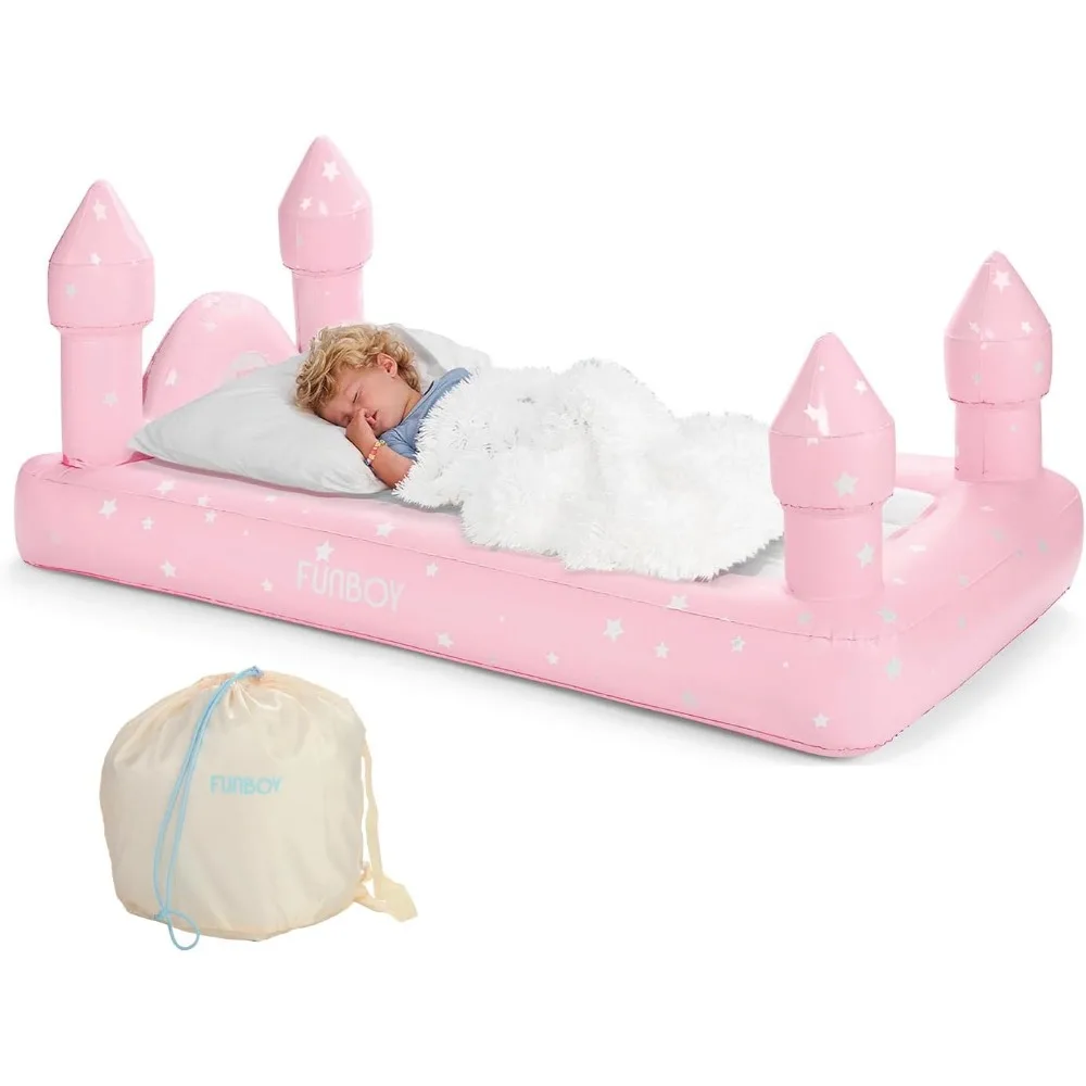 سرير قابل للنفخ على شكل قلعة وردية محمولة للأطفال مع حجم مزدوج وحقيبة تخزين