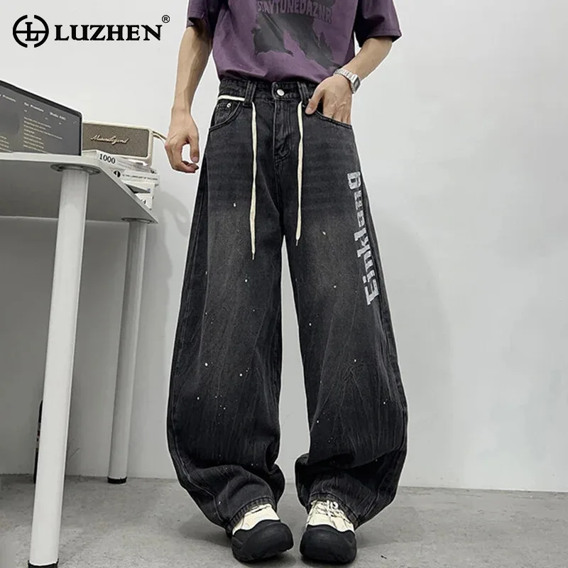 

LUZHEN Paint Printed Letter Wide Leg Casual Denim Pants Men's 2025 New Fashion Street Wear Loose Straight Tube Male Jeans JY3037