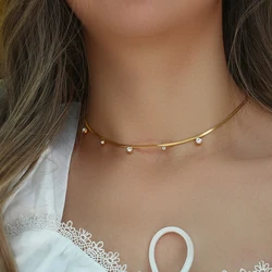 18k Gold Plated Small CZ Charm Choker Herringbone Chain Crystal Beads Pendant Necklace Dainty Jewelry for Women 16''