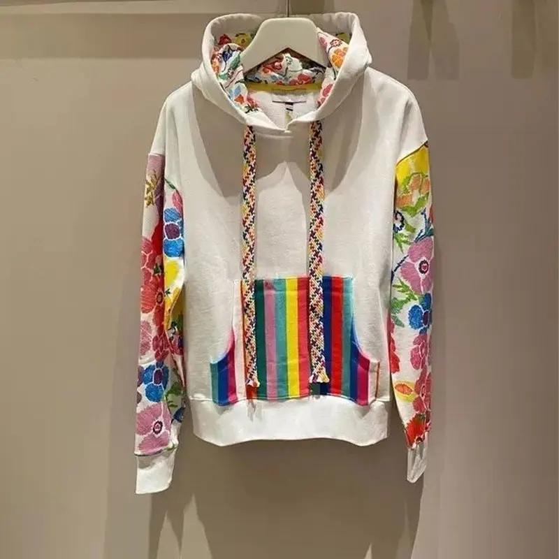 Sudadera de retazos con estampado de flores para mujer, ropa de calle con capucha de Color, jerséis con bolsillo de moda con cordón, primavera y