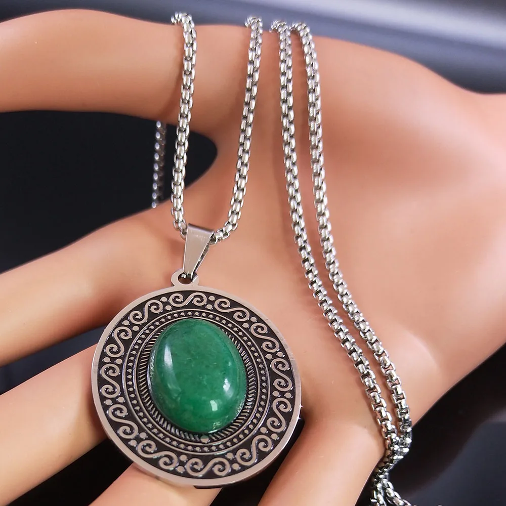 Bohemian Stainless Steel Natural Gem Stone Necklace for Women Vintage Geometric Pendant Necklaces Energy Healing Jewelry N8133