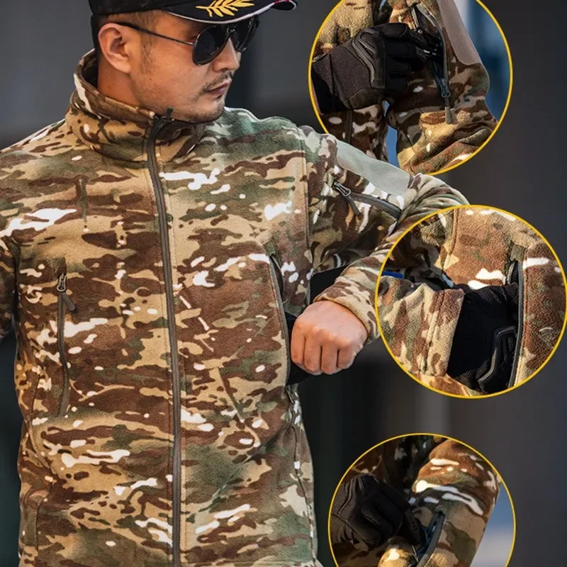 Camouflage Military Tactical Fleece Men Autumn Winter Outdoor Riding Hiking Sport Windproof Warm Stand Collar Fleece Coat