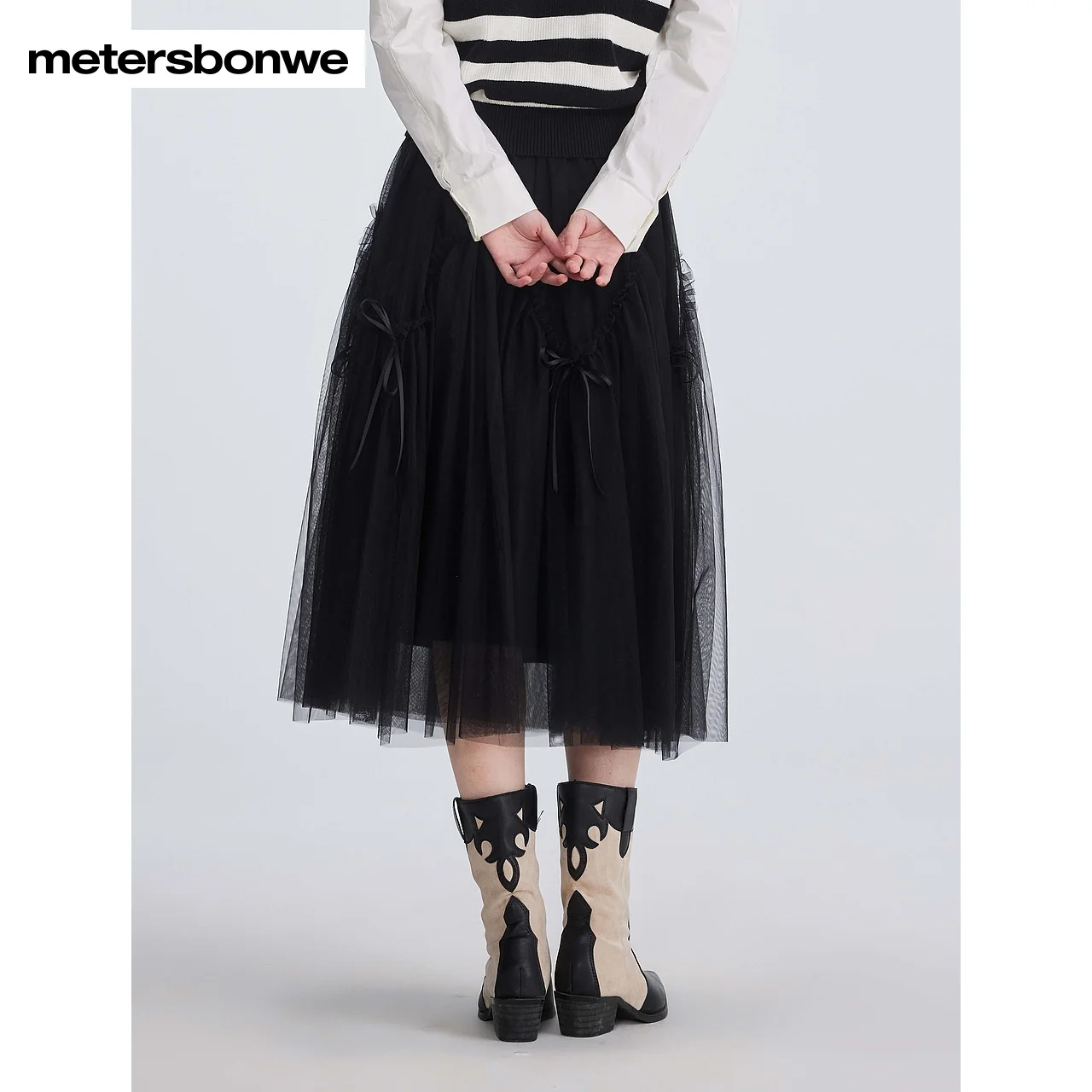 Metersbonwe-women's high-density elastická pletivo načechraný sukně  mid-calf délka bow-tied gáza sukně sladké zaměnit jaro léto