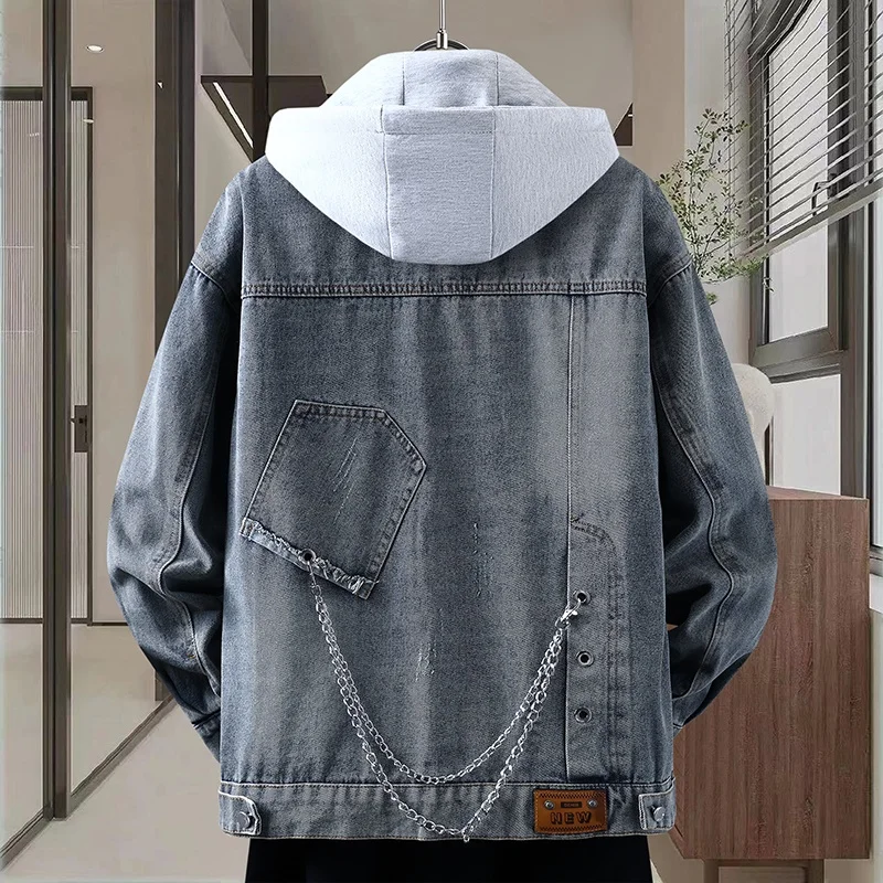 

Повседневная свободная джинсовая куртка с капюшоном для подростков, осенняя новинка, износостойкая, из смесового хлопка и полиэстера, с длинными рукавами, цветная