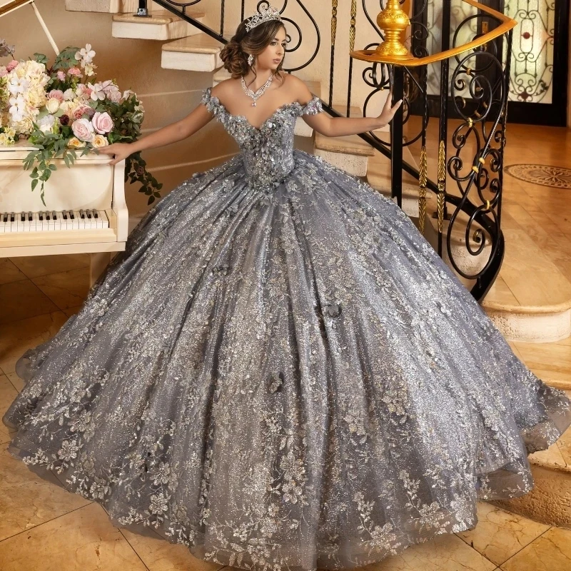 

Luxury Silvery Shiny Ball Gown Quinceanera Dresses 3D Flowers Applique Tull Bridal Gown Party Bride Dresses Vestidos 15 De