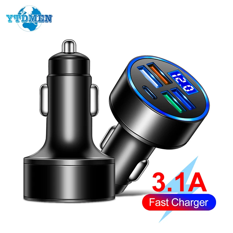 5 Port Car Charger For Cigarette Lighter USB Type C Adapter Phone Charger LED Digital Display Voltmeter Fast Charging For IPhone