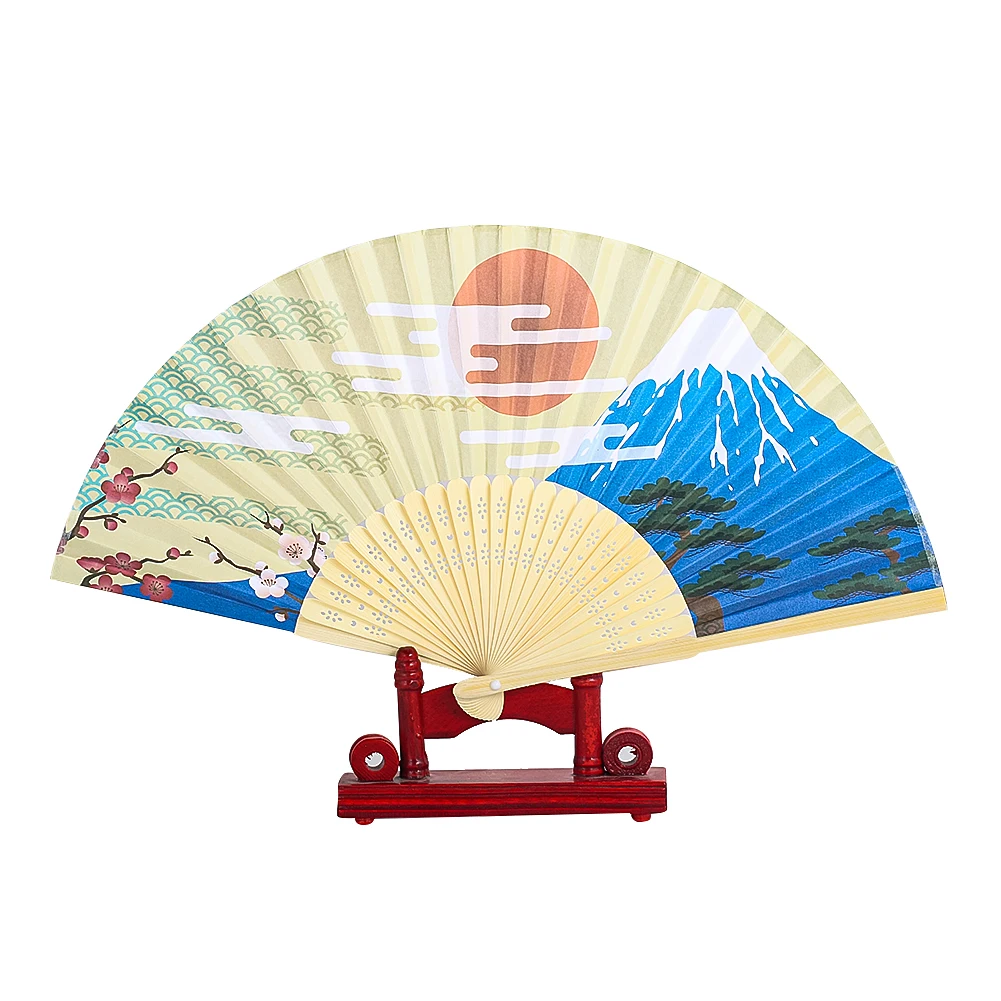 

Japanese Painting Sun Plum Blossom Sakura Flower Mount Fuji Volcano Wooden Fan Handle Paper Hand Folding Stage Fan Props Crafts