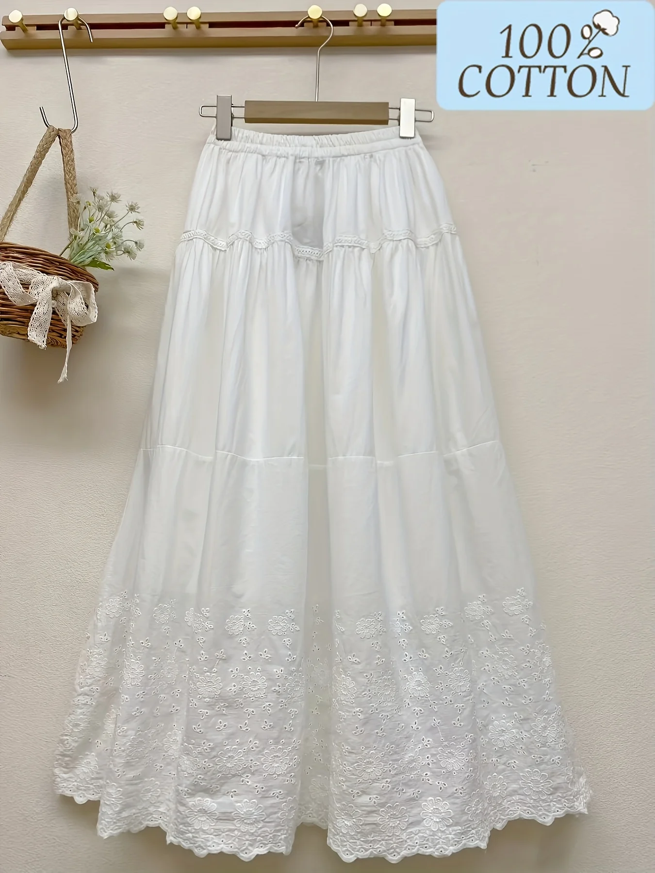 Spring and Summer New Style 100% Pure Cotton Sweet Forest-Style Artistic Patchwork Embroidered Double-Layer Cake Water-Soluble Lace Long Skirt Loose Casual Age-Reducing Solid Color A-Line Skirt